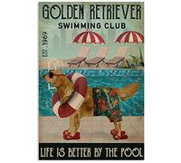 Geuuki Letrero de metal Golden Retriever Swimming Club Life Is Better By The Pool Letrero vintage de aluminio para cocina, hogar, oficina, bar, cafetería, 8 x 12 pulgadas