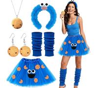 GEVECORI Disfraz de monstruo de las migajas para mujer y niños, disfraz divertido para mujer, disfraz de monstruo de galleta, falda de tul azul, pendientes de collar, calentador de piernas para ojos y