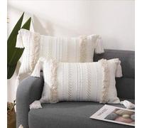 Gevvnss 2 Piezas Funda Cojines 30x50 cm,Funda de Almohada Boho,Moderno Cojín Decorativo con Borlas y Cremallera Oculta,para Silla Oficina Cama Habitacion Dormitorio Salón,Beige