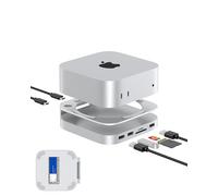 GEWOKLIY Base para Mac mini M4, soporte y hub de aluminio para Mac mini M4 y M4 Pro 2024 con carcasa SSD M.2 NVMe, 2 USB-A de 10 Gbps, lectores de tarjetas SD/TF, datos USB 2.0 (plateado) │Accesorios