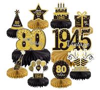 Gexolenu 10 centros de mesa de panal de abeja de 80 cumpleaños, color dorado y negro, centros de mesa de feliz 80 cumpleaños para hombres y mujeres, letrero de mesa de cumpleaños vintage de 1944,