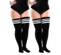 Geyoga 2 Pares Calcetines hasta el Muslo de Talla Grande Medias Largas hasta la Rodilla para Botas (Raya Negra y Blanca)