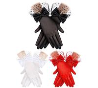 Geyoga 3 Pares Guantes de Encaje de Lazo Cortos de Seda Elegantes de Boda Góticos Mujer Fiesta Té Halloween Funeral Cosplay