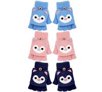 Geyoga 3 Pares Guantes sin Dedos Convertibles con Tapa Abatible de Invierno Cálidos (Azul, Rosa, Azul Marino, Oso)
