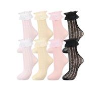 Geyoga 4 Pares de Calcetines de Encaje con Volantes para Mujer Accesorio Vestir (Negro, Blanco, Rosa, Amarillo Claro)