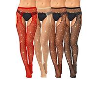 Geyoga 4 Pares Medias Rejilla de Liga de Cintura Alta con Diamante hasta Muslo Brillantes (Rojo, Color de Piel, Café, Negro)