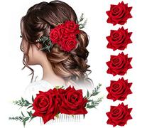 Geyoga 6 pinzas para el pelo de rosas con peine de rosas para mujer, accesorios para el cabello de rosas para novia, broche de rosa para mujeres, niñas, boda, fiesta de baile (rojo)