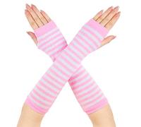 Geyoga Calentadores de Brazos Guantes sin Dedos Largos Elásticos de Punto a Rayas(Rosa y Blanco)