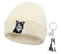 Geyoga Gorro y Llavero para Perros Border Collie Gorro de Invierno Bordado Unisex y Llavero de Metal para Perros Propietarios de Border Collie Hombres Mujer(Beige)