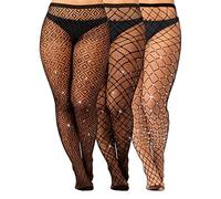 Geyoga Medias Red de Cintura Alta de Talla Grande Pantimedias Rejilla con Diamante de Imitación Negras Brillantes (XL-4XL)