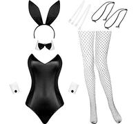 Geyoga Set de Disfraz de Conejita de Anime de Halloween de Mujer Body Diadema Medias de Navidad Fiesta Cosplay (Blanco y Negro, M)