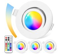 GeyouLux Foco Empotrable LED Regulable RGB, Foco LED 230V 3CCT Aluminio, IP44 5W 68mm Luminarias Empotrables, 120°+ 45°Orientables, Focos de Techo Blancos con Mando a Distancia IR para Baño, 4 Packs