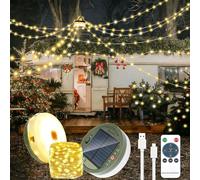 GEYUEYA Home Cadena de luces para camping, 20 m, enrollable, solar, luz blanca cálida, cadena de luces solares con mando a distancia, carga solar y USB