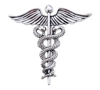GFM® Caduceus - Broche de dos serpientes entrelazadas coronadas por alas de ángel, Medium, Metal, No es una piedra preciosa