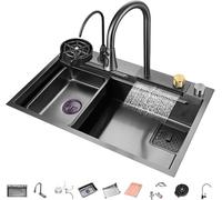 GFRYSBMQ Fregadero de Cocina Negro en Acero Inoxidable de Vasca Única Grande con Cascada - Modelo Empotrado con Grifo Removible, Bacinica Espaciosa Tareas de Limpieza Intensivas en Cocina