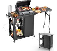 GFTIME Carrito de barbacoa de 143 × 37 × 89 cm, soporte para pizza, mesa de barbacoa móvil para barbacoa exterior, carrito de trabajo con mesa auxiliar plegable, ganchos, estantería de almacenamiento