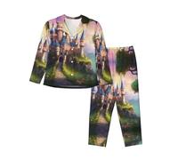 GFXEDSAH Ropa de dormir elegante con estampado de castillo de hadas mágico, conjuntos de pijama a juego, para uso diario, viajes y vacaciones especiales, Negro, XXL