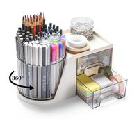 GGIANTGO Rotating Desk Organizer with 2 Drawer, Pencil Pen Holder for Desk, Desk Organizers and Accessories with 4 Compartments + Drawer for Office Home Art Supplies (White)