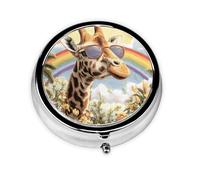 GGNKDL Pastillero redondo con 3 compartimentos para almacenamiento de pastillas y viajes portátiles con diseño de jirafa bajo el arco iris