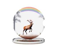 GGNKDL Posavasos de coche con estampado de Elk Running Under The Rainbow 2 almohadillas absorbentes de cerámica antideslizantes para bebidas, decoración de coche