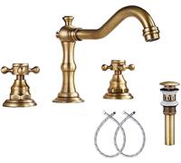 GGStudy Grifo de lavabo de latón antiguo con 2 asas y 3 agujeros de 8 pulgadas, grifo mezclador de lavabo a juego, drenaje desplegable de metal con desbordamiento