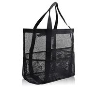 GGUFAY Bolsa de playa impermeable para mujer - Bolsa de playa grande con malla plegable y bolsillos, resistente a la arena, impermeable, con compartimentos, para playa, viajes, gimnasio, color negro