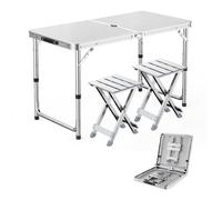 GGYTMQL 3pcs Camping Fur Recreation Plegable Sabures con Mesa Ajustable de Altura Tabla de Picnic portátil Plegable con 2 taburetes para Fiestas de jardín de Barbacoa