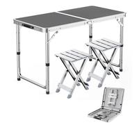 GGYTMQL 3pcs Camping Fur Recreation Plegable Sabures con Mesa Ajustable de Altura Tabla de Picnic portátil Plegable con 2 taburetes para Fiestas de jardín de Barbacoa