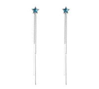 GGYTMQL 925 Estrellas de Cristal Azul de Plata esterlina Pendientes Colgantes, Pendientes de Borla de Cadena Larga de Plata, Pendientes Colgantes de sementales, Joyas para Mujeres niñas