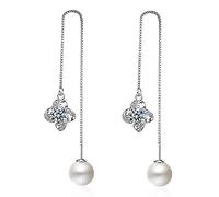 GGYTMQL 925 Parrero de Flores de Cristal de Plata esterlina, aretes de caída de Perlas Redondas, tiros a través de la línea de Oreja Pendientes Colgantes, Regalo de Joyas para Mujeres