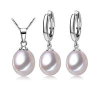 GGYTMQL Accesorios 925 Juegos de joyería de Plata esterlina Pendientes de Perlas de Agua Dulce Naturales Collares de Cadena Colgante de Moda Personalizada para n