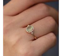 GGYTMQL Anillo de jade verde pálido para mujeres Gemstone vintage ovalada Anillo de oro de 18 km Cúconia Cubicia Conocimiento de boda Single Jade Jade Halo Open Ajustable Anillo ajustable para ella