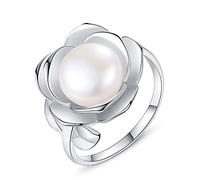 GGYTMQL Anillo de S925 ajustable para mujeres - perlas de agua dulce de gran tamaño forma de flores 3D pulido anillo de dedo abierto, regalo de joyería para mujeres
