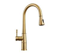 GGYTMQL Grifo de cocina dorada con pulverizador, grifos de fregadero de cocina de oro cepillado 1 Handle Montaje de cubierta de un solo orificio de un solo montaje alto Arco de 360 grados giratorios