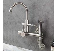 GGYTMQL Grifos de cocina de montaje en la pared, ducha de spray, 304 acero inoxidable cepillado, piscina de lavandería del fregadero del balcón, doble orificio, en la pared, agua de agua caliente