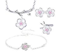 GGYTMQL Juegos de joyería Collar de Flores de Flores de Cerezo+Pendientes+Anillo+Brazalete para Mujeres