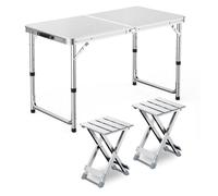 GGYTMQL Mesa de Campamento con 2 taburetes, Mesa de Picnic Plegable de Altura Ajustable taburetes portátiles de Aluminio Plegable para el jardín al Aire Libre kiten Barbacoa