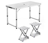 GGYTMQL Mesa de Campamento con 2 taburetes, Mesa de Picnic Plegable de Altura Ajustable taburetes portátiles de Aluminio Plegable para el jardín al Aire Libre kiten Barbacoa