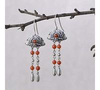 GGYTMQL Para el torrente Chino S925 Mujeres Vintage Estilo étnico de Estilo étnico Peony Peony Red Agate Tassel Pendientes