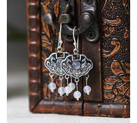 GGYTMQL Pendientes para Mujeres, Pendientes de oído de Estilo Chino S925 Arte Retro Fish Fish Calcedony Tassel Jewelring Pendientes Mujeres White Calcedony