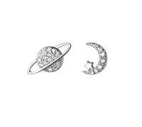 GGYTMQL Pendientes y Tachuelas Planeta asimétrico Pendientes de nueces para Mujeres Mini Pendientes de Luna con Personalidad Joyería de Lujo Regalización de Moda de Color Plateado