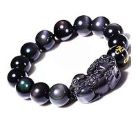 GGYTMQL Pulsera de obsidiana Negra, Riqueza Seis Palabras Barrio de Cuentas elásticas Ajustables para Mujeres Joyas, 14 mm