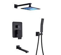 GGYTMQL Sistema de ducha con boquilla de bañera, cabezal de ducha LED de lluvia de 10 pulgadas, mezclador de ducha de montaje en pared, juego de grifo de ducha de baño negro mate