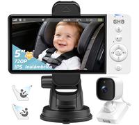 GHB Camara Bebe Coche 5" 2 en 1 Vigilabebes Inalámbrico con Camara de Batería Recargable Sensor de Temperatura Visión Nocturna, Comunicación Bidirecciona Escucha Bebes Uso para Hogar, Coche y Exterior