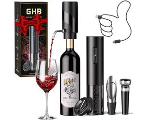 GHB Sacacorchos Eléctrico 7 en 1 Abridor de Vino Recargable Abrebotellas Electrico con Aireador, Cortador de Papel, Vertedor, Tapón de Vacío, Línea USB para Fiesta Citas Regalo