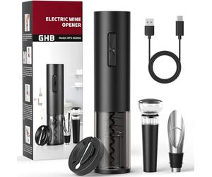 GHB Sacacorchos Eléctrico Recargable 6 en 1 Abridor de Botellas Recargable con Cortador de Papel, Vertedor, Tapón de Vacío, Aerator, Anillo de Vino(incluye cable USB tipo C)