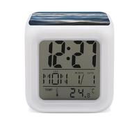 GHENBLT Reloj despertador digital con diseño de montañas, nubes, paisaje, despertador, para dormitorio, con batería, luz LED, reloj despertador pequeño con temperatura, reloj inalámbrico