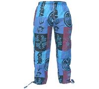 Gheri Pantalones rectos sueltos de algodón de cáñamo con estampado de gecko y símbolos aztecas para hombre, azul, M