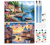 GHHKUD Paisaje urbano Pintar por Numeros Adultos, Pack 2 Kit de Pintura por Números, con Pinceles, Pigmento Acrílico, Pintura de Dibujo DIY, Paint by Numbers Kit 20X30CM, Sea View