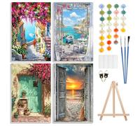 GHHKUD Pintar por Numeros Adultos, Pack 4 Kit de Pintura por Números, con Pinceles, Pigmento Acrílico, Pintura de Dibujo DIY, Paisajes Paint by Numbers Kits 20X30CM, Flower Town